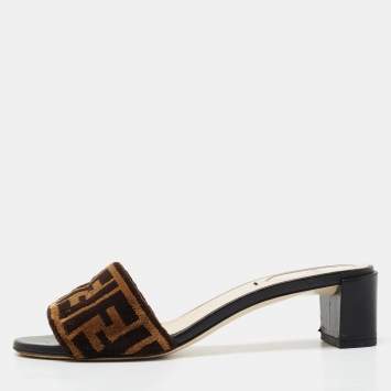 Pre Owned Fendi Brown Zucca Velvet Open Toe Slide Sandals Size 36