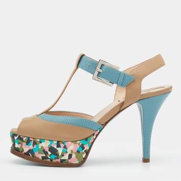 Pre Owned Fendi Beige/Blue Lizard Embossed And Leather Fendista T Strap Platform Sandals Size 37