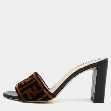 Pre Owned Fendi Brown/Black Zucca Velvet Block Heel Slide Sandals Size 38