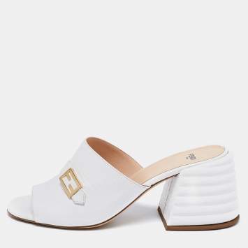 Pre Owned Fendi White Croc Embossed Leather Block Heel Mules Size 41