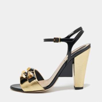 Pre Owned Fendi Gold/Black Leather And Patent Studded Ankle Strap Sandals Size 38