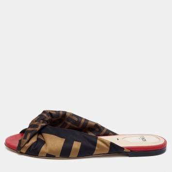 Pre Owned Fendi Tri Color FF Print Satin Knotted Slides Size 38