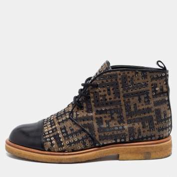 Pre Owned Fendi Brown Leather And Canvas Monogram FF Zucca Ankle Boots Size 38