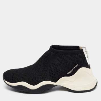 Pre Owned Fendi Black FF Knit Fabric High-Top Sneaker Size 38 