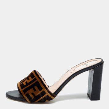 Pre Owned Fendi Brown Zucca Velvet FF Logo Slip On Slide Sandals Size 38
