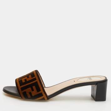 Pre Owned Fendi Brown/Black Zucca Velvet Open-Toe Slide Sandals Size 38