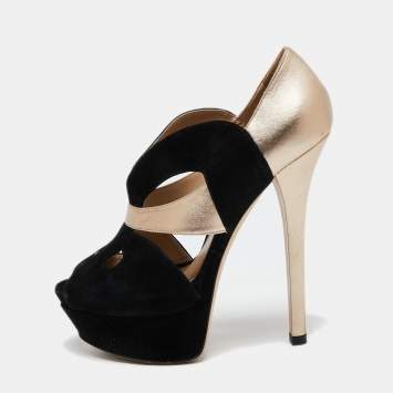 Pre Owned Fendi Black/Gold Leather/Suede Platform Pumps Size 37