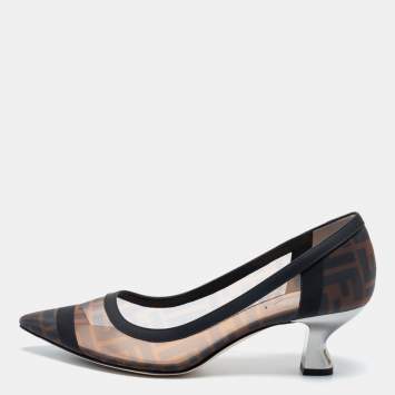 Pre Owned Fendi Black/Tobacco Zucca Mesh Colibri Pointed Toe Pumps Size 39