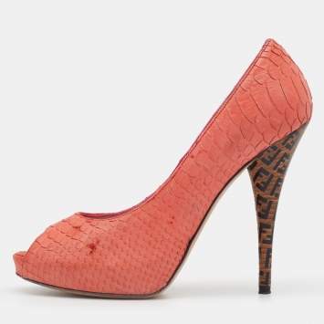 Pre Owned Fendi Coral Orange Python Embossed Leather Peep Toe Pumps Size 40