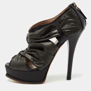 Pre Owned Fendi Black Pleated Leather Peep Toe Ankle Booties Size 38