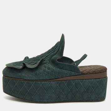 Pre Owned Fendi Green Nubuck Leather Slingback Platform Mules Size 38