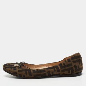 Pre Owned Fendi Brown Zucca Canvas Logo Bow Ballet Flats Size 39