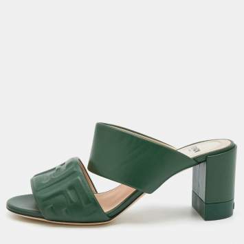 Pre Owned Fendi Green Leather FF Embossed Logo Mules Size 38