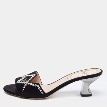 Pre Owned Fendi Black Satin Crystal Embellished Slide Sandals Size 34