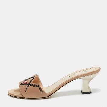 Pre Owned Fendi Beige Satin Crystal Embellished Slide Sandals Size 37