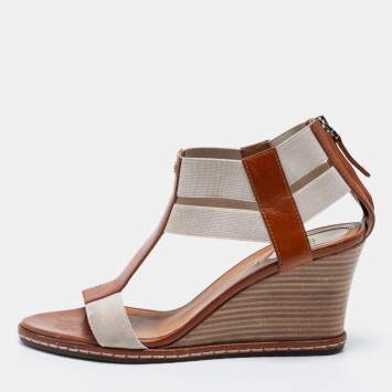Pre Owned Fendi Brown/Beige Leather and Elastic T-Strap Wedge Sandals Size 40