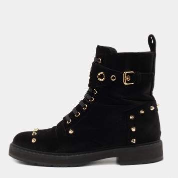 Pre Owned Fendi Black Studded Velvet F Logo Ankle Boots Size 37