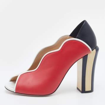 Pre Owned Fendi Multicolor Leather Scallop Lined Peep Toe Pumps Size 37.5