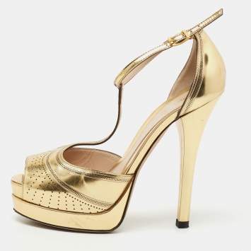 Pre Owned Fendi Gold Leather T Strap Platform Sandals  Size  36 