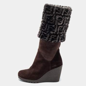 Pre Owned Fendi Dark Brown Suede And FF Fur Calf Length Wedge Boots Size 36