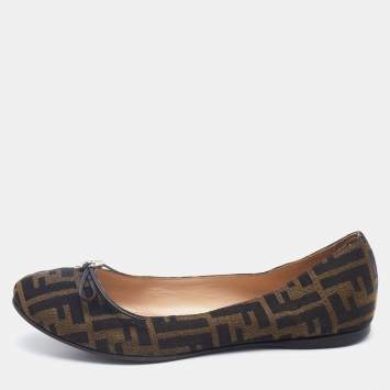 Pre Owned Fendi Tobacco Zucca Canvas Bow Ballet Flats Size 40