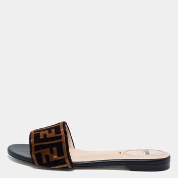 Pre Owned Fendi Tobacco Zucca Velvet Flat Slide Sandals Size 38