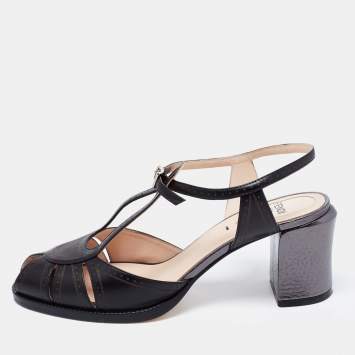Pre Owned Fendi Black Leather Chameleon Ankle Strap Sandals Size 37.5