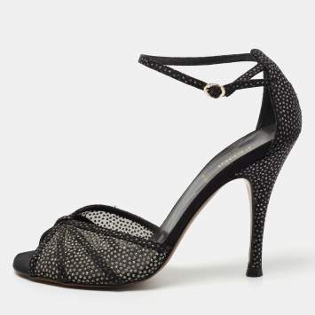 Pre Owned Fendi Black Glitter Mesh and Satin Ankle Strap Sandals Size 38
