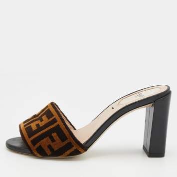 Pre Owned Fendi Brown Zucca Velvet Block Heel Slide Sandals Size 35