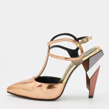 Pre Owned Fendi Metallic Tri-Color Leather Pointed Toe Ankle Strap Pumps Size 36
