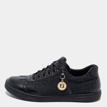 Pre Owned Fendi Black Zucca Canvas and Leather Low Top Sneakers Size 38