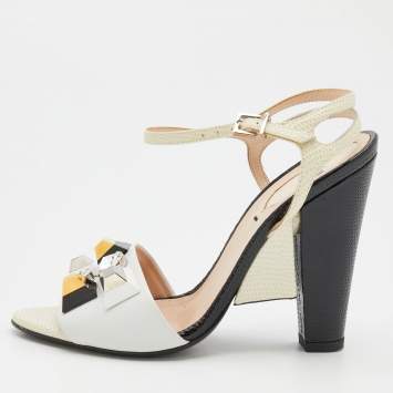 Pre Owned Fendi Multicolor Leather and Lizard Embossed Leather Fantasia Studded Ankle Strap Sandals Size 36
