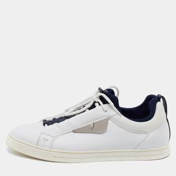 Pre Owned Fendi White/Blue Leather And Fabric Bag Bugs Appliqué Low Top Sneakers Size 41