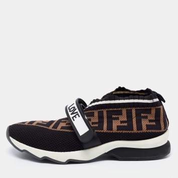 Pre Owned Fendi Black/Brown FF Knit Fabric Rockoko Sneakers Size 37