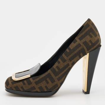 Pre Owned Fendi Brown/Black Zucca Canvas and Patent Leather Square Toe Pumps Size 37.5