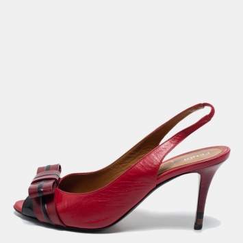 Pre Owned Fendi Red Leather Bow Peep Toe Slingback Pumps Size 38.5