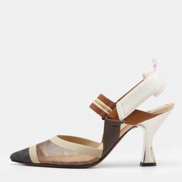 Pre Owned Fendi Brown/Beige FF Zucca Mesh and Leather Colibri Slingback Pumps Size 39
