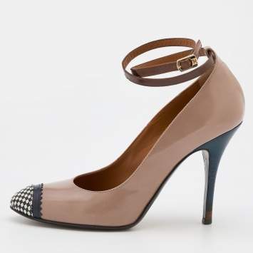 Pre Owned Fendi Multicolor Leather Checkered Cap Toe Ankle Strap Pumps Size 37.5