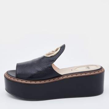 Pre Owned Fendi Black Leather F Logo Platform Sandals Size 38