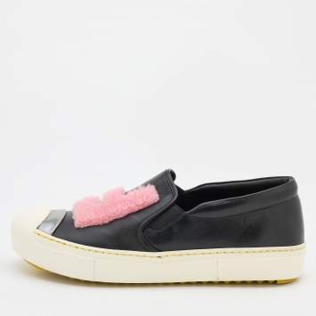 Pre Owned Fendi Black Leather Fflynn Shearling Fur Slip On Sneakers Size 39