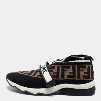 Pre Owned Fendi Black/Brown Knit Fabric FF Rockoko Slip On Sneakers Size 36