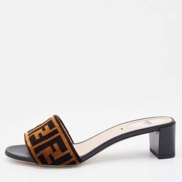 Pre Owned Fendi Brown Zucca Velvet Slip On Slides Size 38