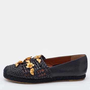 Pre Owned Valentino Black Woven Leather Flower Embellished Espadrilles Flats Size 39