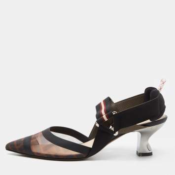 Pre Owned Fendi Brown/Black Zucca Mesh and Fabric Colibri Slingback Pumps Size 37