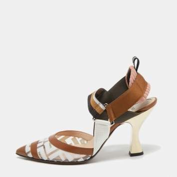 Pre Owned Fendi Brown/White PVC and Leather Colibri Slingback Pumps Size 38