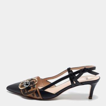 Pre Owned Fendi Black/Brown Leather Buckle Strap Logo Slingback Pointed Pumps Size 37