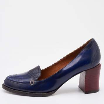 Pre Owned Fendi Navy Blue Leather Austin Block Heel Loafer Pumps Size 38