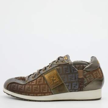 Pre Owned Fendi Multicolor Leather and Zucca Canvas Low Top Sneakers Size 38
