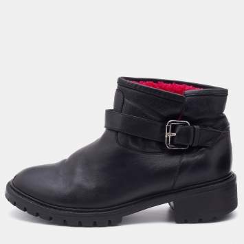 Pre Owned Fendi Black Leather Combat Ankle Boots Size 37