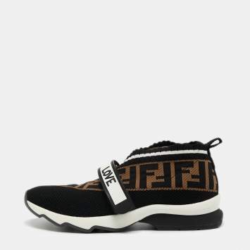 Pre Owned Fendi Black/Tobacco Zucca Knit Fabric Rockoko Sneakers Size 37